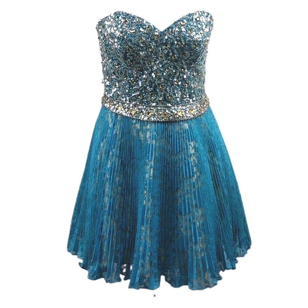 Sherri Hill 100% Blue Sequin Beaded Strapless Dress Size 14 Homecoming